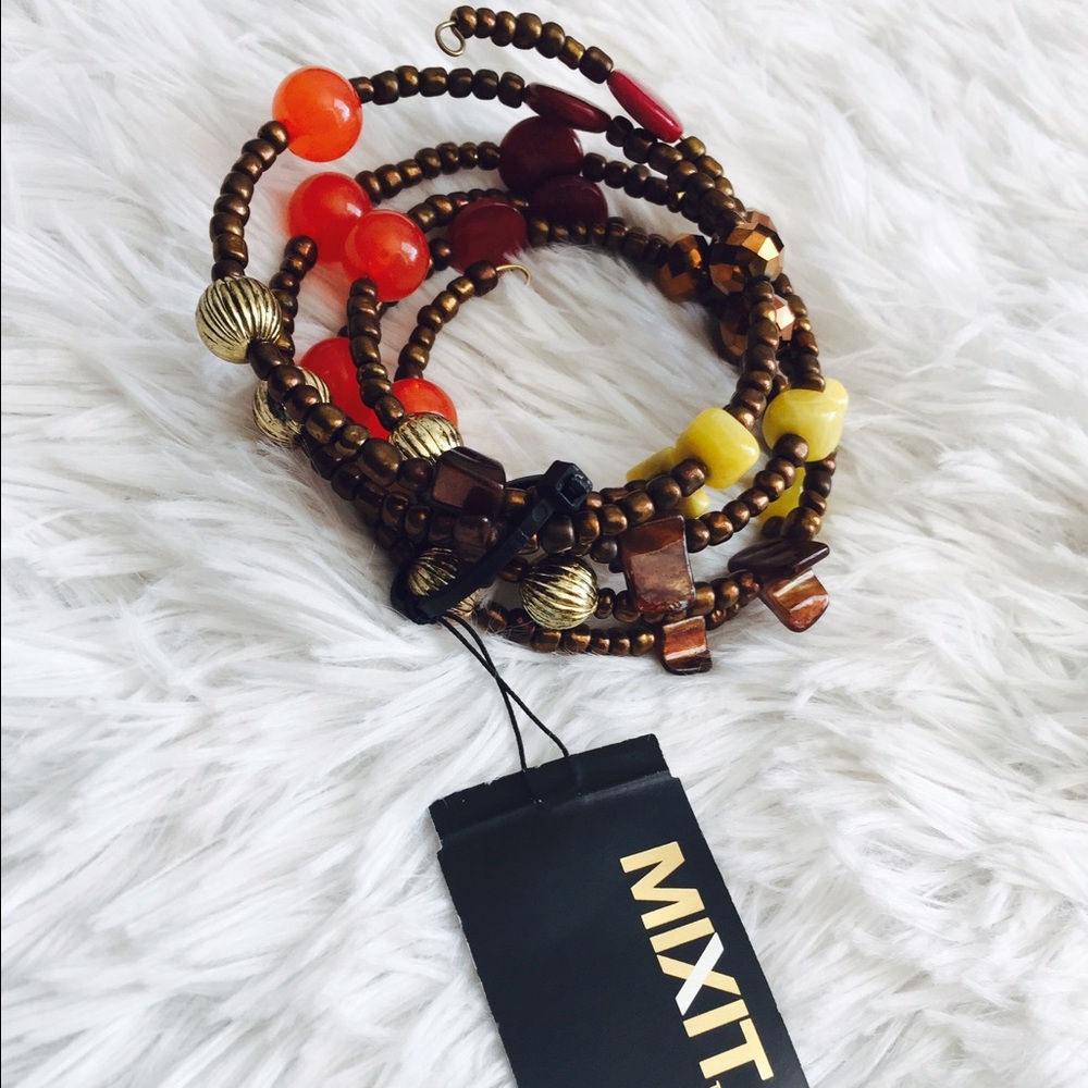 MIXIT Fall Slink Wired Beaded Brown Bracelet Autumn Slip On Spiral NWT